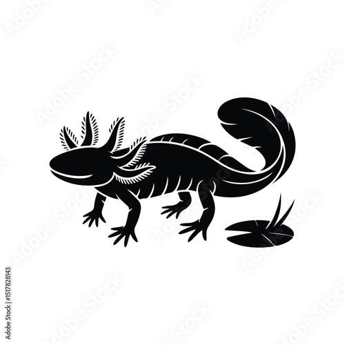 Black and white illustration of an axolotl salamander with water plants in simplistic style.