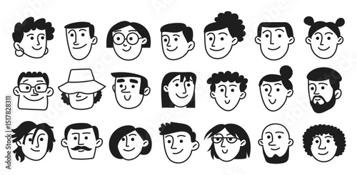 Vector set of happy people diversity avatars in doodle style. Portraits of men, women. Simple line, head, outline. Modern illustration isolated