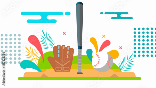 A vibrant and playful baseball scene with a bat glove and ball embodying the joy of the game against a white background