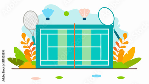 A playful badminton match awaits rackets poised near the vibrant teal court shuttlecocks ready for a thrilling summer
