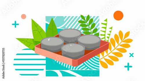 A pastel geometric composition with four gray container on a tray surrounded by foliage and geometric shapes with flat