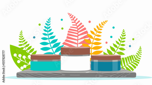 Three vibrant cosmetic jars stand proud a botanical symphony of ferns and joyful colors evoking natural beauty with a