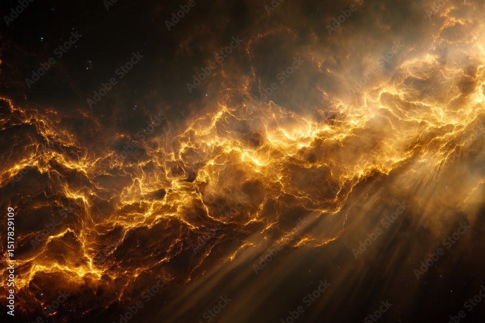 Obraz premium Golden Nebula with Light Rays in Dark Space