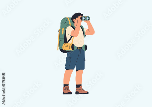  Backpack Tourist Looking Through Binoculars Vector — Travel Flat Style Vector Illustration