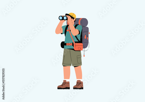  Backpack Tourist Looking Through Binoculars Vector — Travel Flat Style Vector Illustration