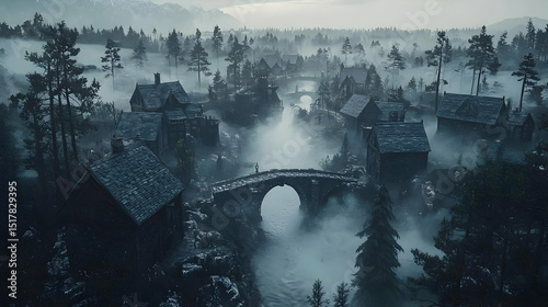 Misty Village Scene with Old Stone Bridge