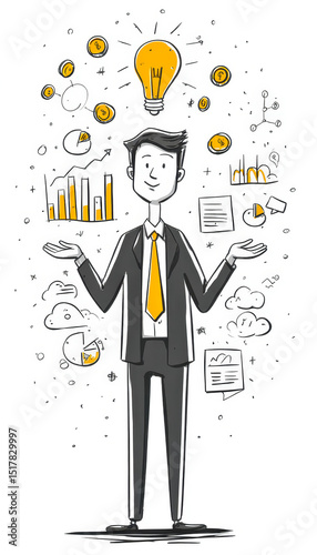 Businessman with creative ideas surrounded by charts, graphs, and light bulb illustrations