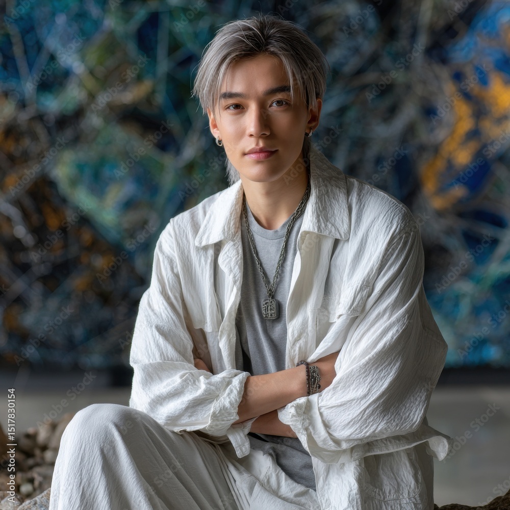Fototapeta premium A young man in a white shirt and pants sits in front of a blue