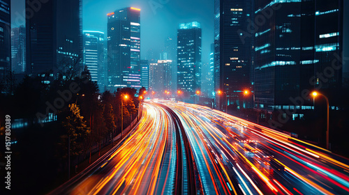Long exposure shot of city skyline with light trails from traffic at night in a futuristic setting