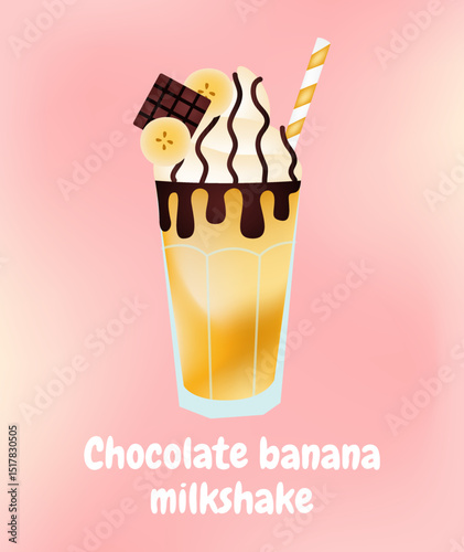 Illustration of a chocolate banana milkshake on a pink background.