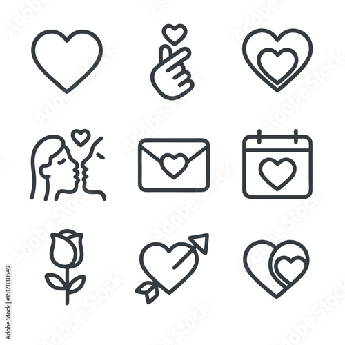 Love icon set with 9 simple line art icons of romantic and wedding themes. Perfect for Valentines Day designs.