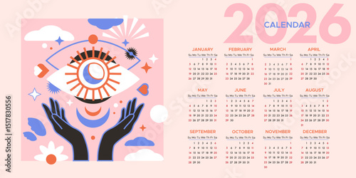 Calendar 2026 with magic illustration of all-seeing eye, sun, moon on a pink background. Horizontal vector calendar 2026.