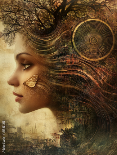 Surreal artwork of a woman’s face merging with nature, symbolizing harmony and transformation.