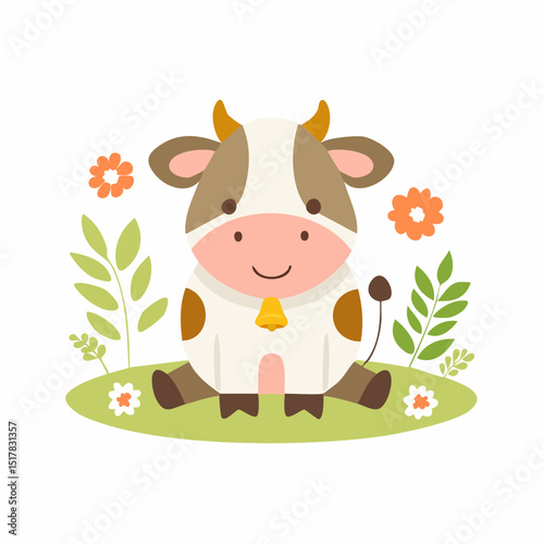 Playful Cow Illustration: A charming cartoon illustration featuring a friendly cow in a whimsical setting, embodying joy and the simple pleasures of rural life.