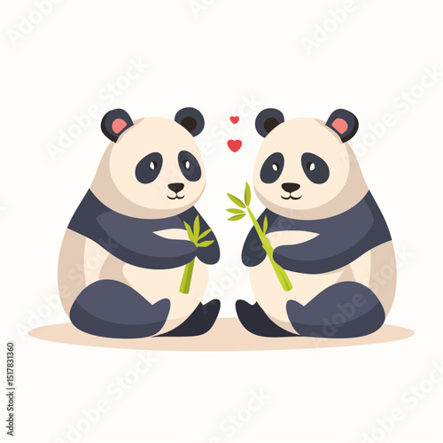 Pandas in Love: Two cute panda are sharing bamboo and staring each other. there is heart symbol in between.