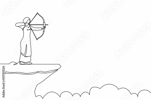 Single one line drawing Arabian businesswoman standing on cliff with archer in hand. Business target goal. Woman focus to successful. Shooting target with bow arrow. Continuous line draw design vector