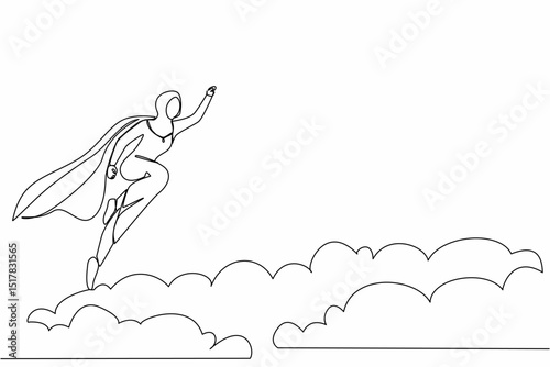 Single one line drawing super Arabian businesswoman flying up from cloud. Business leadership. Business finance success concept. Creative idea. Continuous line draw design graphic vector illustration