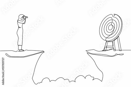 Continuous one line drawing Arab businesswoman standing on cliff with binoculars in hand. Business target goals concept. Woman focus to successful. Single line draw design vector graphic illustration