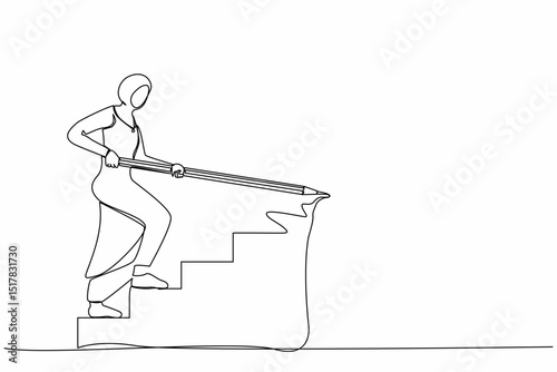 Single one line drawing Arabian businesswoman use huge pencil to draw rising up stairs, walk climbing up ladder. Strategy reach business target, career path achievement. Continuous line design vector