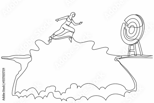 Continuous one line drawing Arab businesswoman jumping over cliff to reach target. Success move while taking risk. Entrepreneur challenges, motivation, personal growth. Single line draw design vector