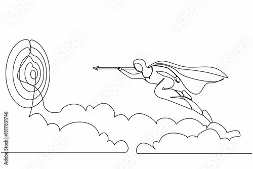 Single one line drawing superhero Arab businesswoman flying with arrow forward to goal to achieve success. Power leadership ambition and achievement. Continuous line design graphic vector illustration