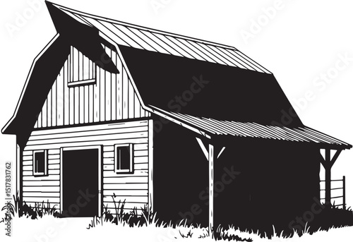 Classic black and white illustration of a gambrel roof barn in a field.