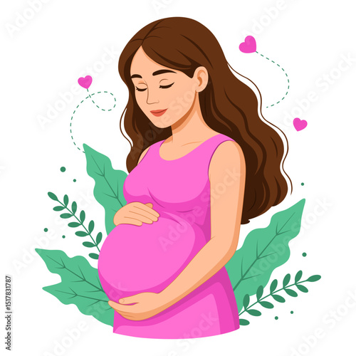 Pregnant woman in pink dress with plants background and heart behind her flat vector illustration on white background.
