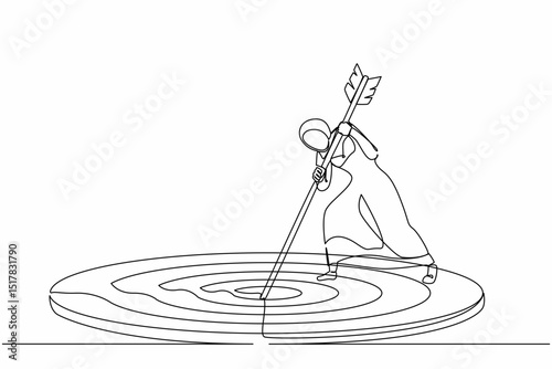 Single one line drawing focus marketing target strategy, Arabian businesswoman mark goal with arrow. Woman holding arrow, hit target on ground. Achieving goals. Continuous line design graphic vector