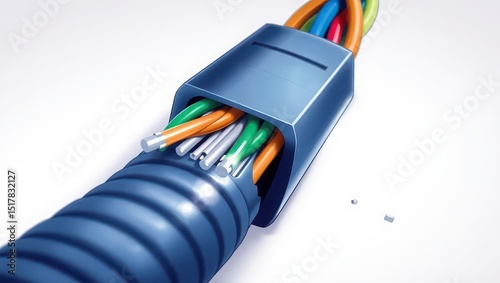 Close up view of a blue cable with exposed colorful wires against a plain white background studio shot