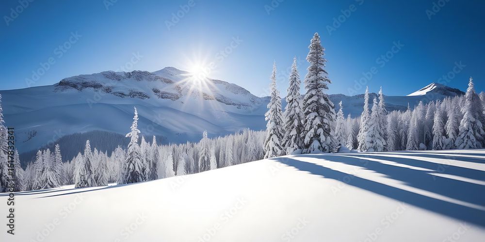 Fototapeta premium Sunny Winter Landscape Featuring Snow-Covered Mountains and Frosted Pines
