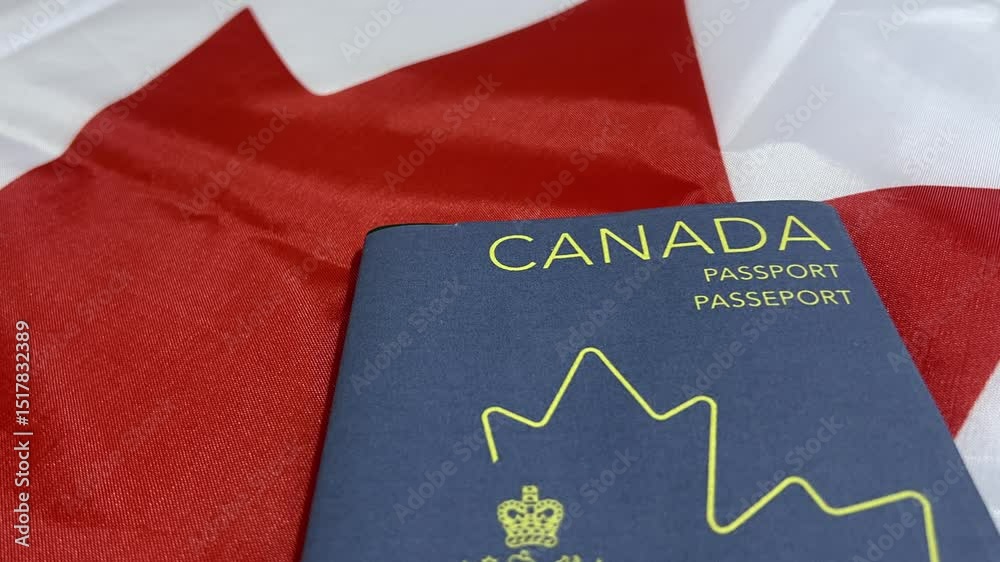 Canadian Passport close up shot with flag in the backdrop, 4k footage. Traveling, citizenship and nationality concept