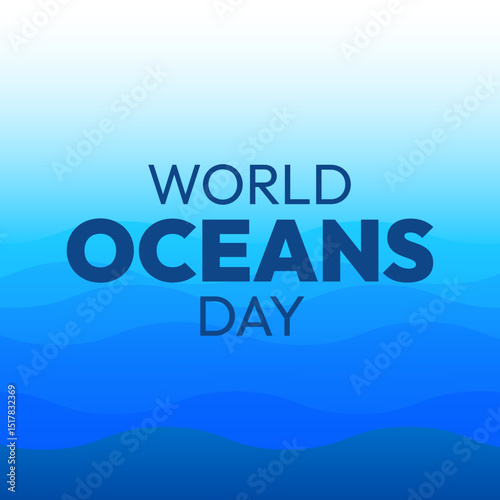Blue background with the words "World Oceans Day" written in white. The blue background is filled with waves, giving the impression of a vast ocean. The text is bold
