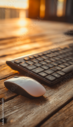 Computer keyboard and mouse on wooden desk during sunset photo