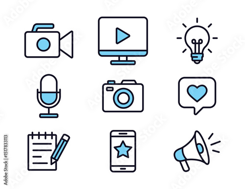 Vector icon set representing tools of content creators including video camera, microphone, smartphone, light bulb, notebook, and megaphone. Ideal for media, marketing, and digital production themes.