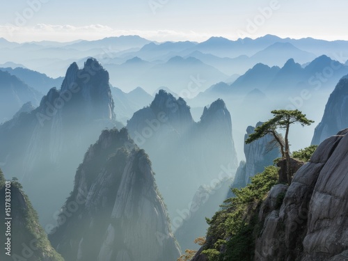 Majestic misty mountains of huangshan china photo
