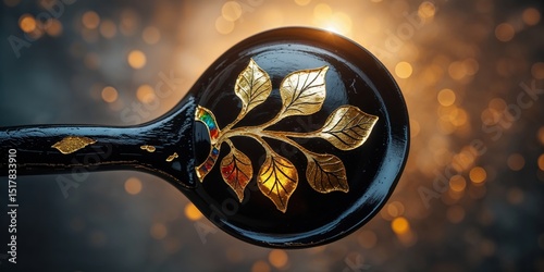Intricate golden leaf design on a polished black surface with subtle iridescence, set against a backdrop of warm bokeh lights