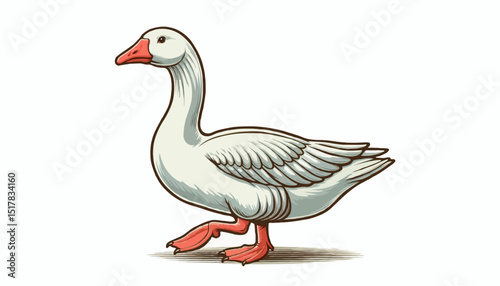 Graceful Goose in Motion: A charming illustration of a walking goose, showcasing its elegant stride and unique character in a serene scene.