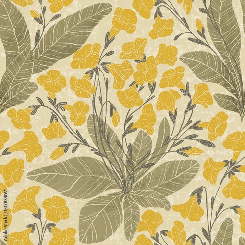 Discover the tranquil beauty of our Golden Primrose Meadow Collection. Soft yellow primroses intertwine with subtle foliage in these elegant seamless  patterns