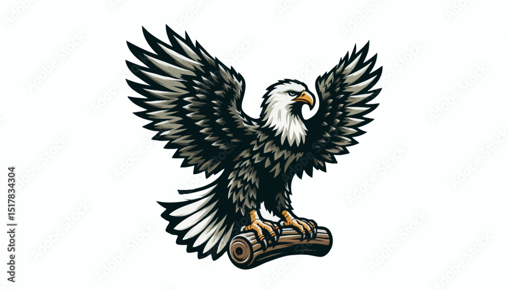 Fototapeta premium Majestic Eagle with Wings Spread: A strong, striking eagle with outstretched wings, perched on a log, embodies freedom and power, rendered in an illustrative style. 