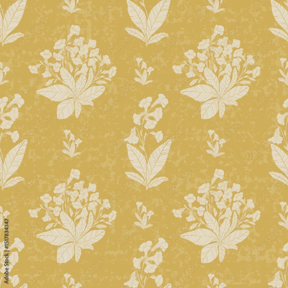 Fototapeta premium Discover the tranquil beauty of our Golden Primrose Meadow Collection. Soft yellow primroses intertwine with subtle foliage in these elegant seamless patterns