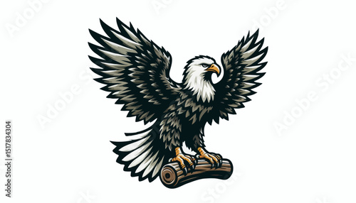 Majestic Eagle with Wings Spread: A strong, striking eagle with outstretched wings, perched on a log, embodies freedom and power, rendered in an illustrative style. 