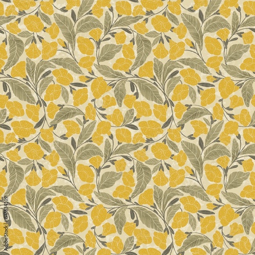 Discover the tranquil beauty of our Golden Primrose Meadow Collection. Soft yellow primroses intertwine with subtle foliage in these elegant seamless  patterns