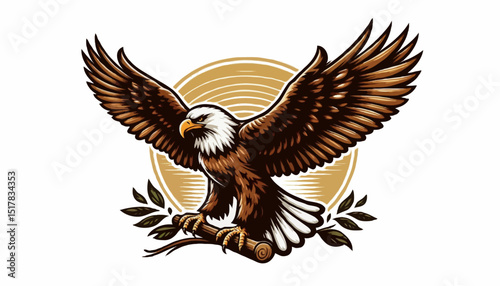 Majestic Eagle in Flight: A powerful bald eagle, wings outstretched, perched on a branch in mid-flight, exuding strength and freedom.