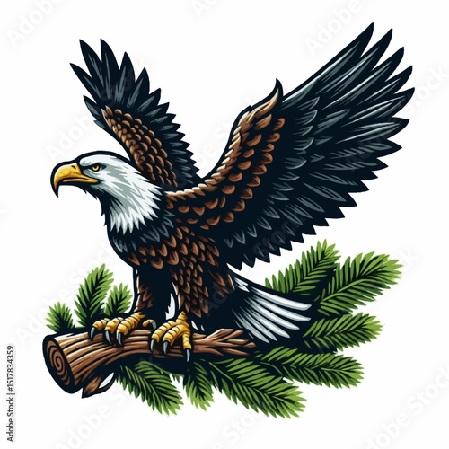American Bald Eagle Illustration: An majestic bald eagle perched gracefully on a tree branch, showcasing its striking plumage in a patriotic tableau of freedom and wildlife.
