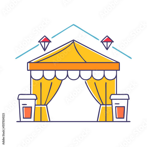 Brightly colored carnival fair booth tent with curtains and decorative elements