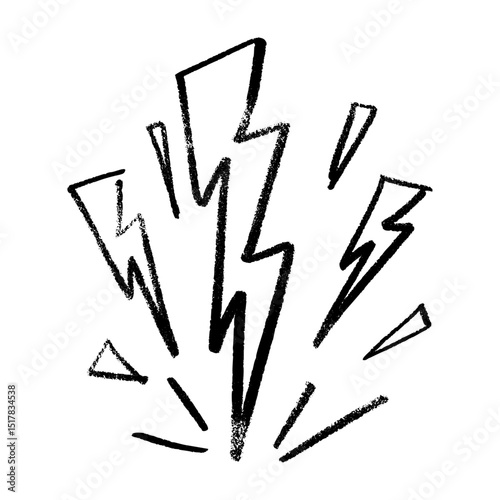 Thunder bolt doodle with hand-drawn lightning flash. Electric energy icon in sketch style. Flat vector illustration isolated on white background.