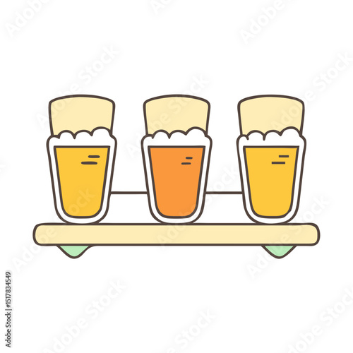 A flight of colorful beers presented on a wooden paddle, illustration
