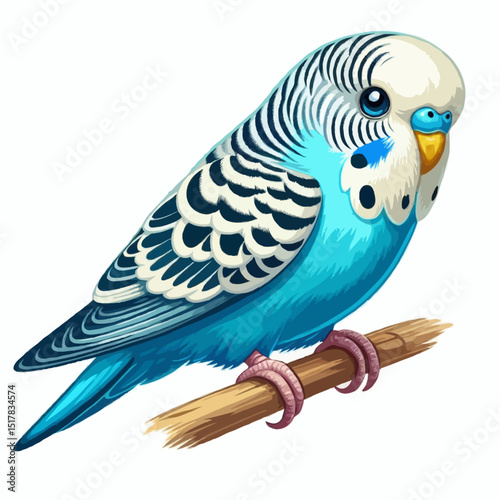 Azure Budgerigar's Perch: A captivating cartoon representation of a vibrant blue budgerigar, perched gracefully on a branch, invites admiration for its playful demeanor. 
