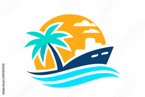 Tropical cruise ship logo with palm tree, sun, and waves design