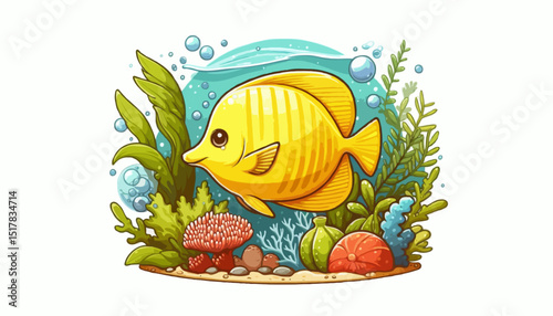 Colorful Easter basket with eggs and flowers, featuring cute cartoon goldfish swimming among bubbles
